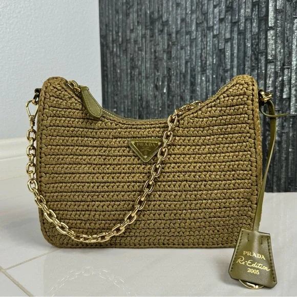 🌿Prada Re-Edition 2005 Raffia Crochet Olive Green Crossbody Bag